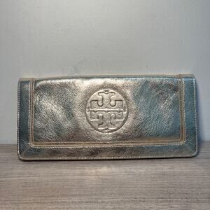 Tory Burch Metallic Leather Flap Large Wallet Clutch Handbag Silver